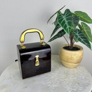 Lined Tortoiseshell Lucite Purse with Gold Handle